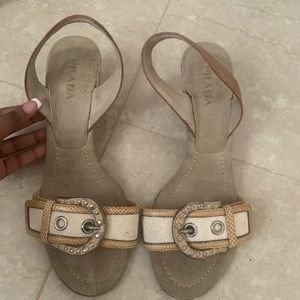 Open toe Beige and White Prada heels